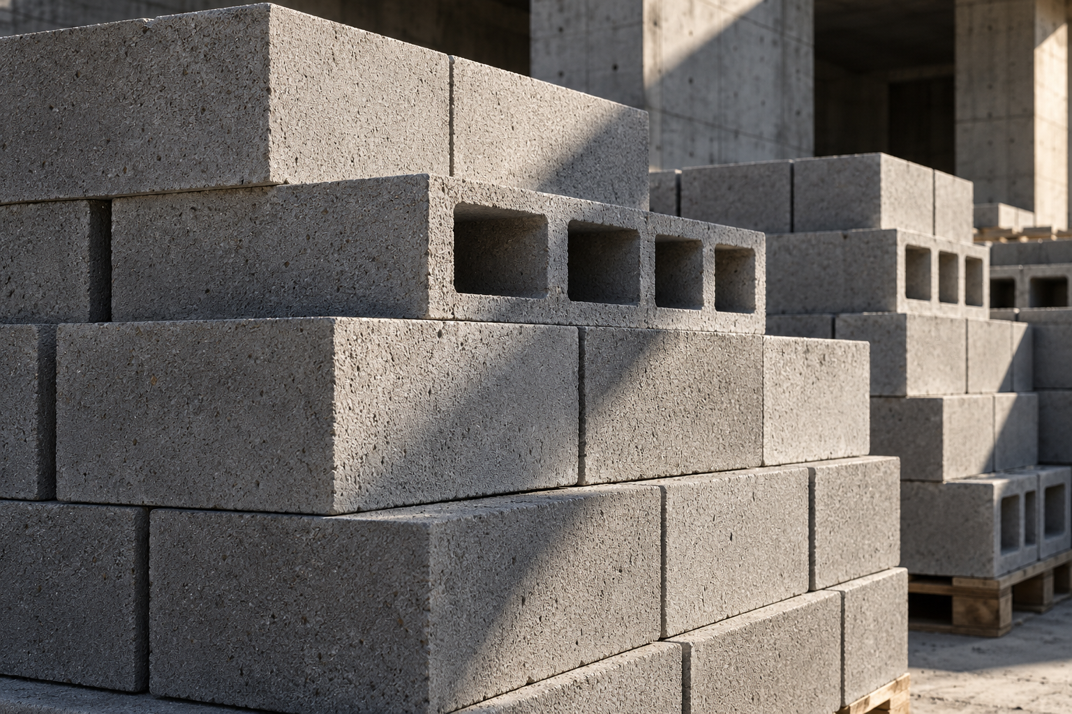 Textured concrete masonry blocks stacked for construction