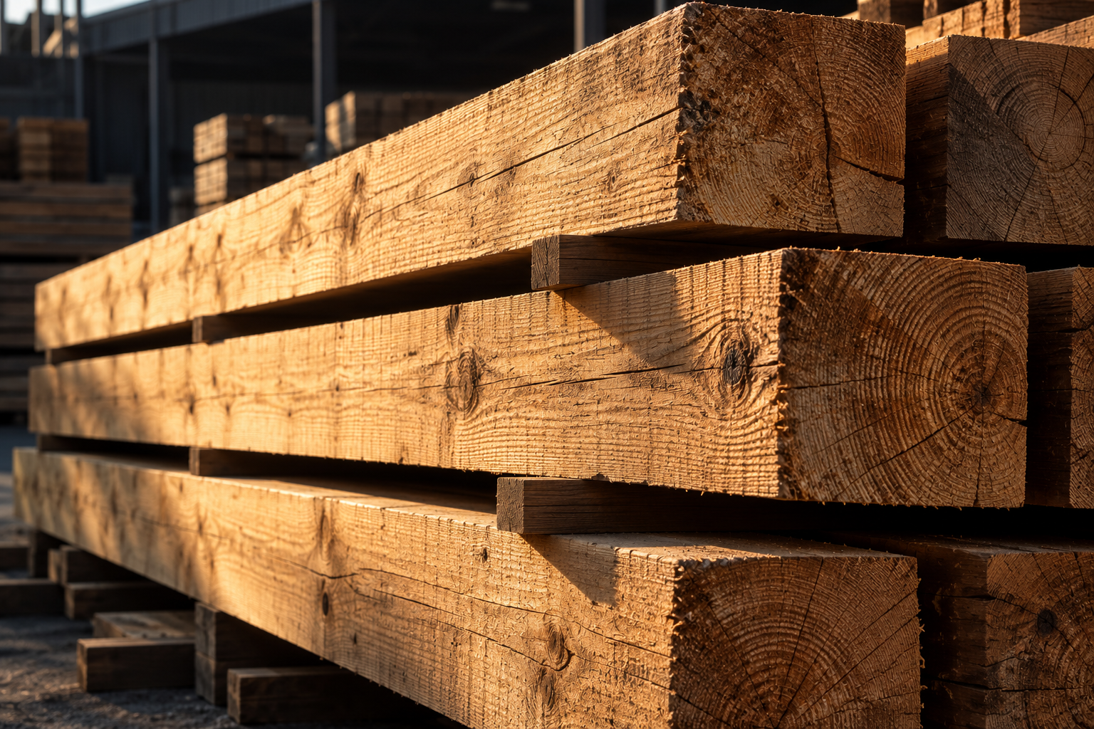 Close-up of rough sawn timber beams and natural end grain